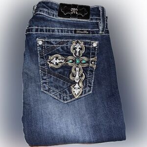 RARE Miss Me Y2K Turquoise Embellished Cross Jeans Dark Wash Bootcut Jeans